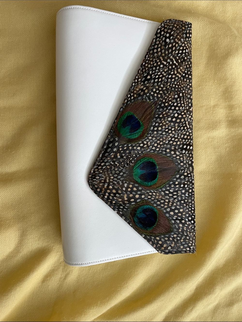 White Leather Clutch with Peacock Feather Accent